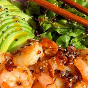 Shrimp Rice Bowl with Lamb's Lettuce