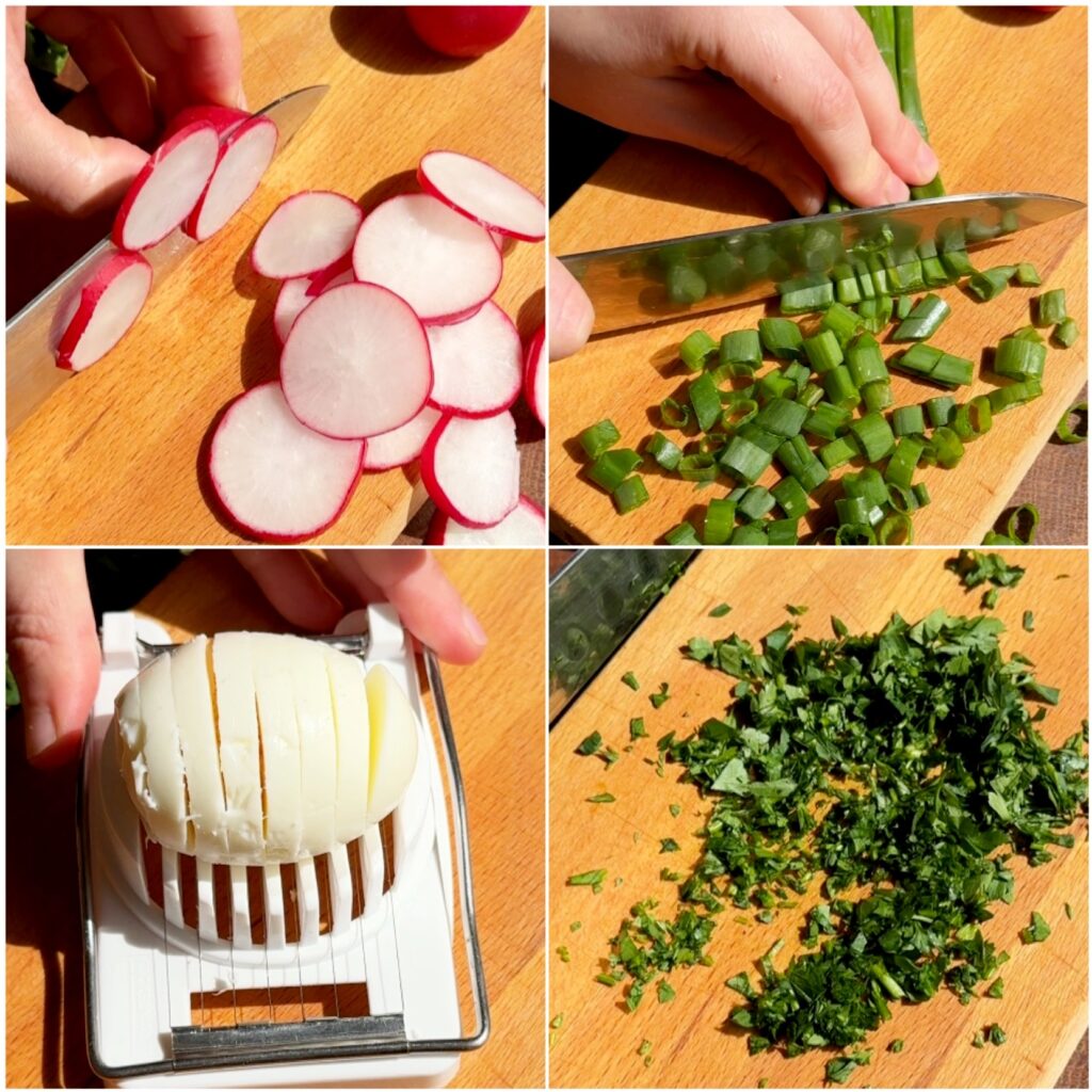 slice the radishes, chop the spring onions, and slice the hard-boiled eggs