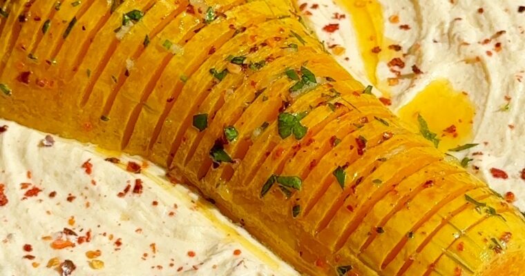 Hasselback Butternut Squash with Feta Dip