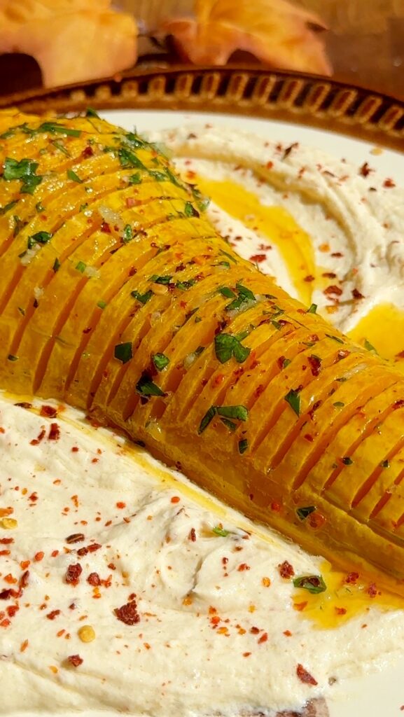 Hasselback Butternut Squash with Feta Dip