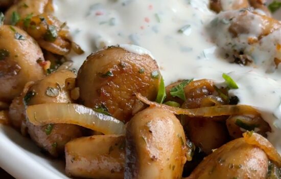 German Christmas Market Mushrooms with Garlic Sauce