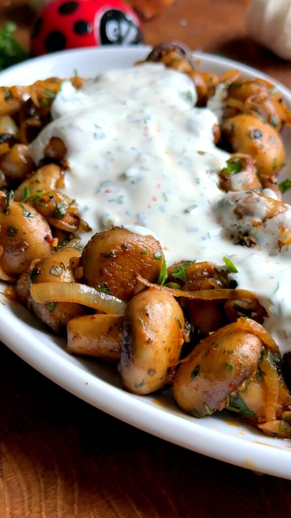 German Christmas Market Mushrooms with Garlic Sauce