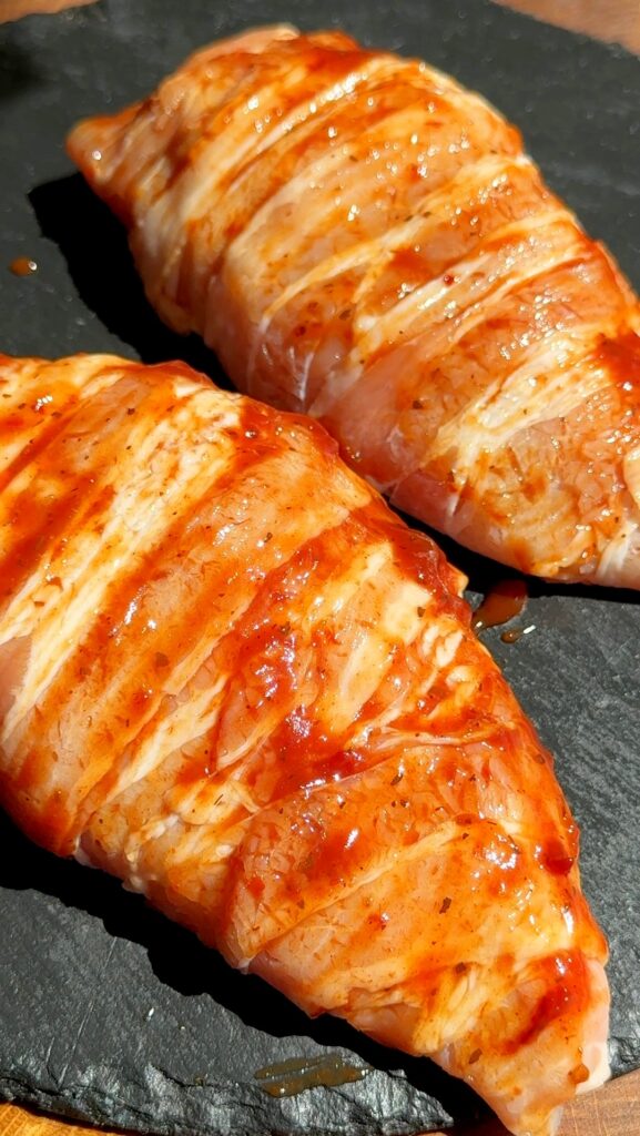 wrap the chicken breast with bacon and Glaze with BBQ Sauce