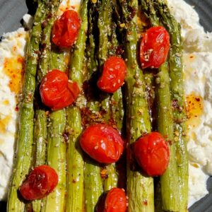 Roasted Asparagus with Burrata and Tomatoes