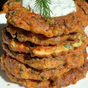 Crispy zucchini fritters with spinach, feta, and dill served with a side of Greek yogurt.