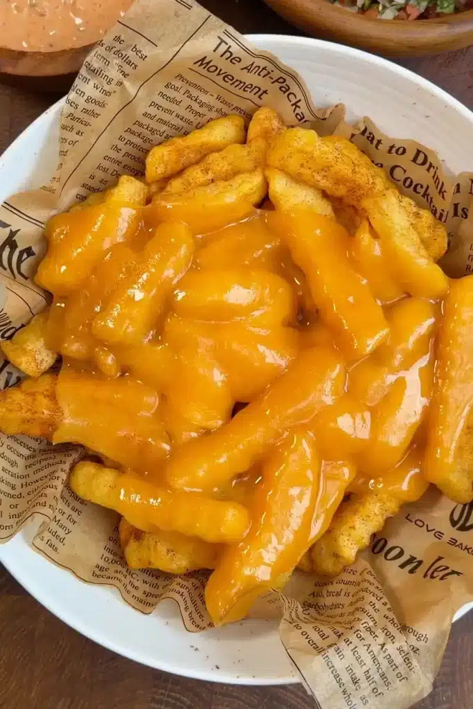 Cheddar cheese slices melting over crispy fries for Cheesy Loaded Taco Fries in the oven.