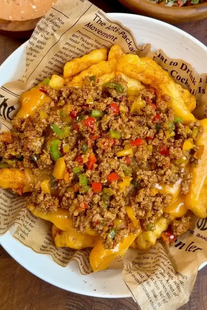Spoonful of warm taco beef layered over cheesy fries for Cheesy Loaded Taco Fries.