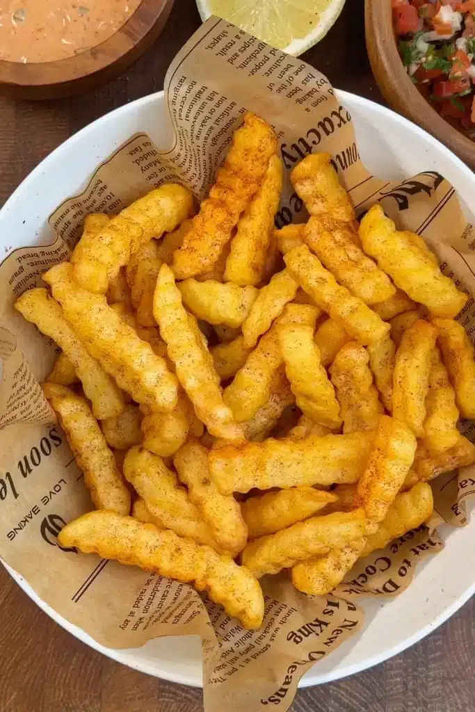 Bowl of hot, crispy fries ready for Cheesy Loaded Taco Fries, golden and seasoned perfectly.