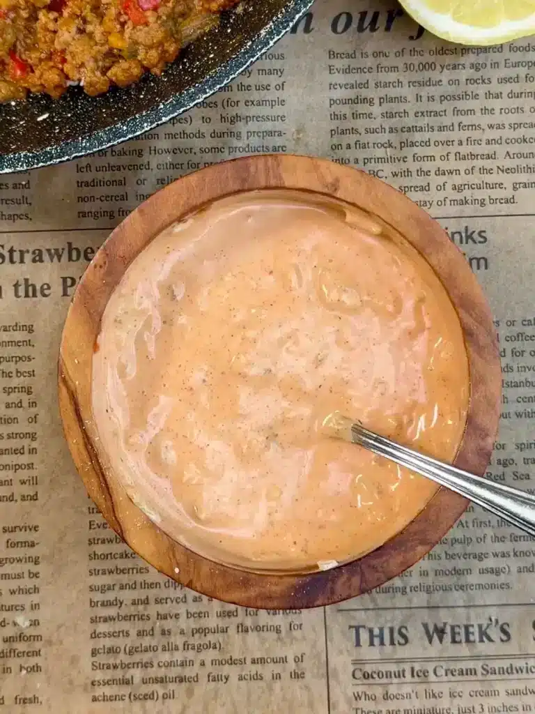 Blending creamy avocado sauce for Cheesy Loaded Taco Fries with avocado, cilantro, garlic, lime juice, olive oil, salt, and pepper to a smooth, drizzle-ready consistency.